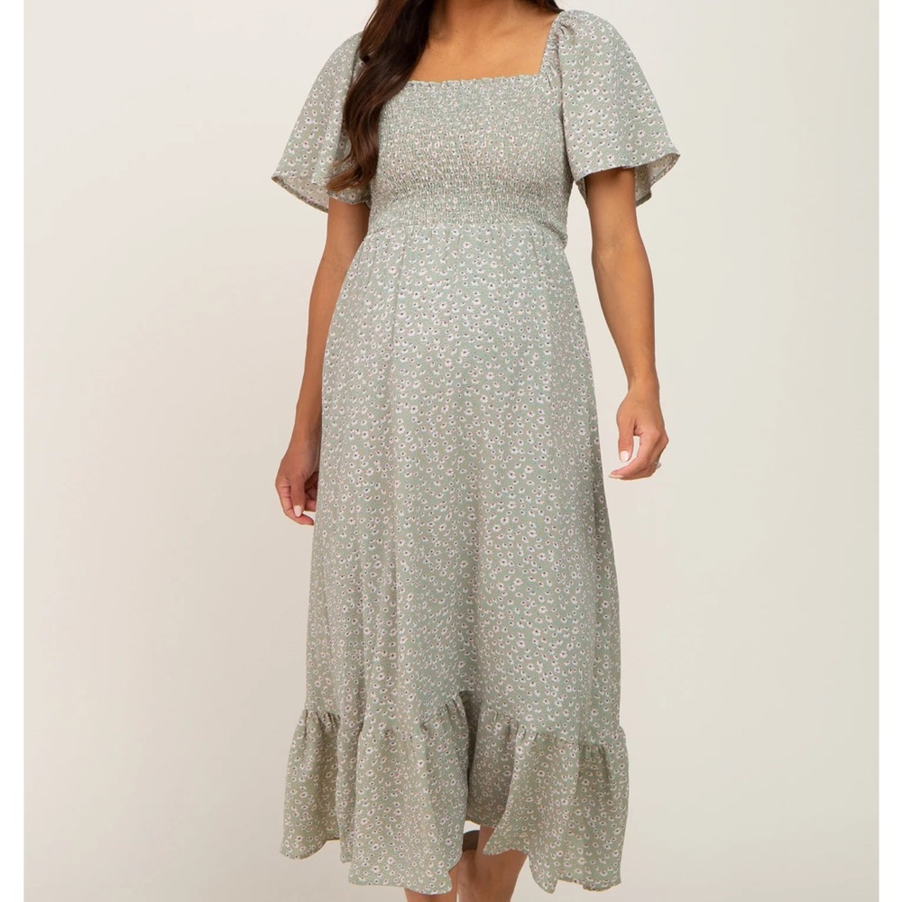Light Olive Floral Smocked Maternity Midi Dress